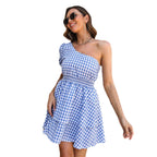 Damen Langarm-Kleid mit einseitigem Träger und lässigem Karomuster R&B
