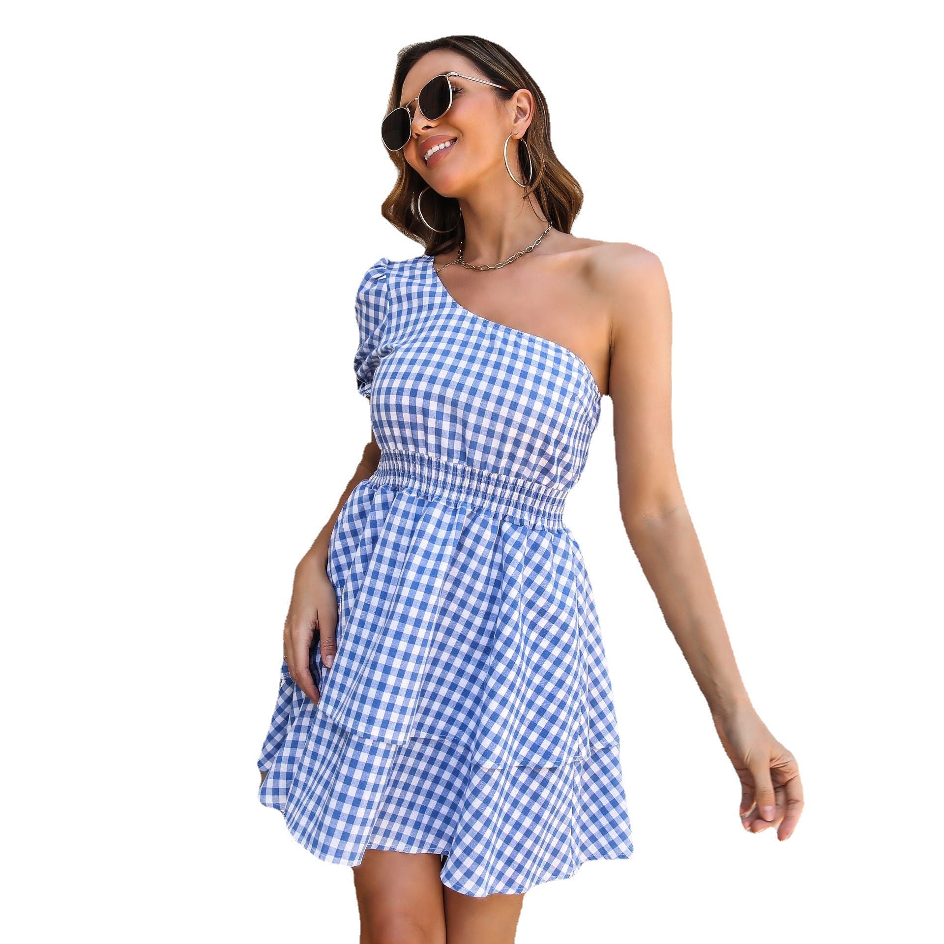 Damen Langarm-Kleid mit einseitigem Träger und lässigem Karomuster R&B