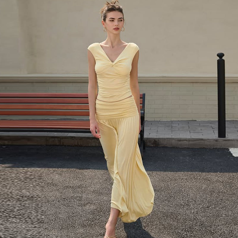 Damen Fließendes Maxikleid mit Raffungen und V-Ausschnitt R&B