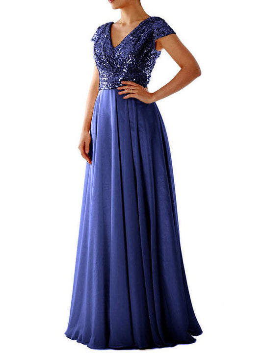 R&B | Damen Kleider V-Ausschnitt Paillette Chiffon Paneel Maxi Kleid