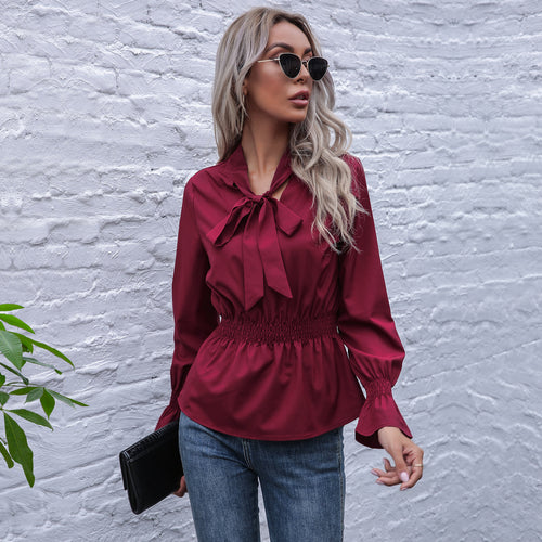 Damen elegante Bluse mit Schleifen-Ausschnitt und elastischem Bund R&B