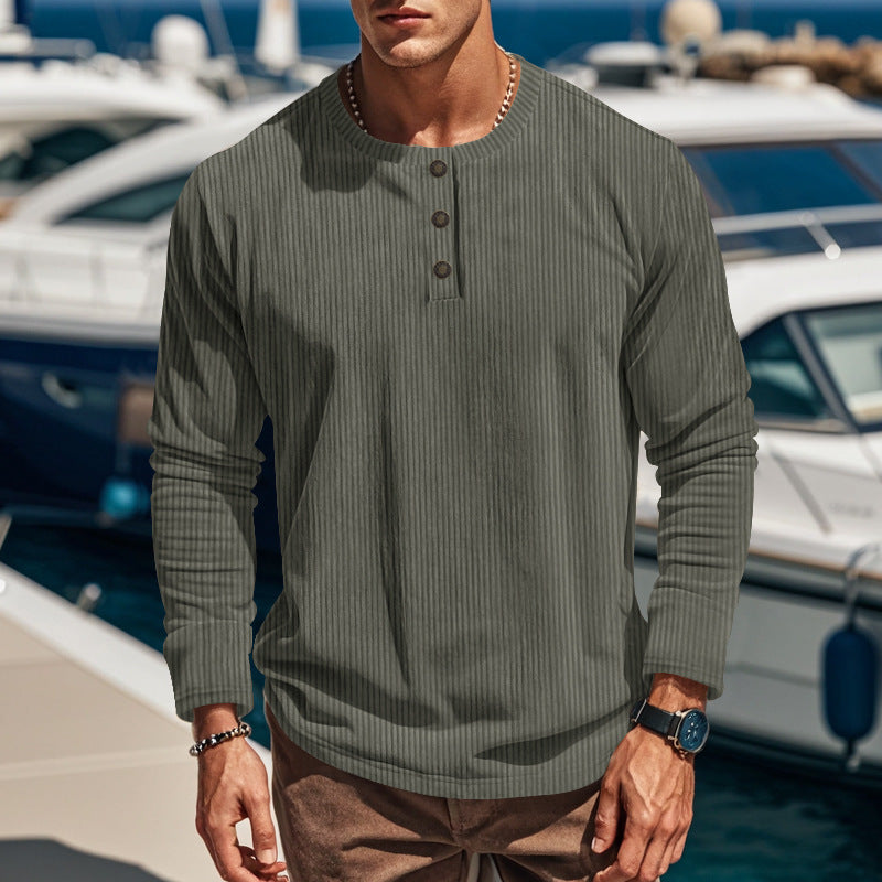 Herren nan geripptes Langarm-Henleyshirt mit Stehkragen und verdeckter Knopfleiste aus atmungsaktivem Jersey R&B
