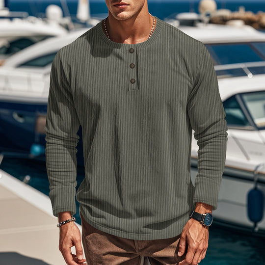 Herren nan geripptes Langarm-Henleyshirt mit Stehkragen und verdeckter Knopfleiste aus atmungsaktivem Jersey R&B