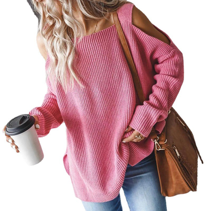 Damen lässiger Strickpullover mit offenen Schultern und großzügigem Schnitt R&B