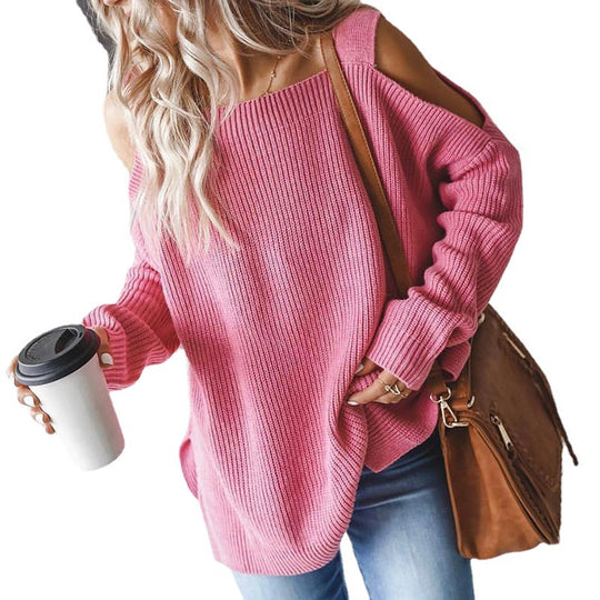 Damen lässiger Strickpullover mit offenen Schultern und großzügigem Schnitt R&B