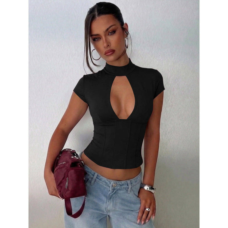 Damen figurbetontes Oberteil mit hochgeschlossenem Design und Cut-Out Akzent R&B