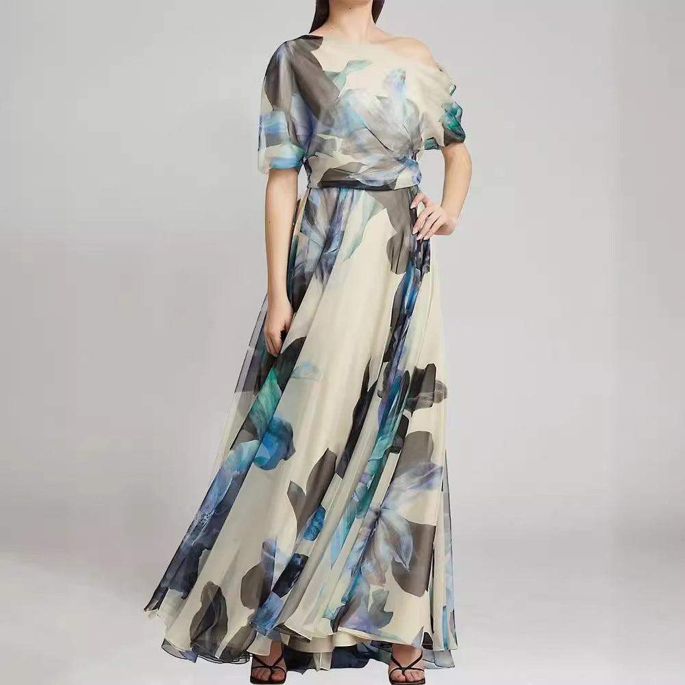 Damen elegantes Chiffon-Kleid mit schulterfreiem Design und floralem Muster EB