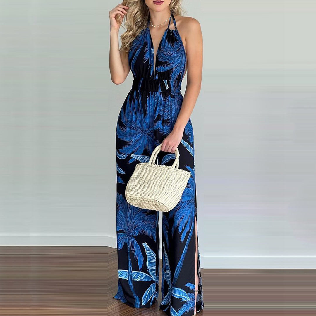 Damen eleganter Jumpsuit mit Spaghettiträgern und hohen Seitenschlitzen R&B