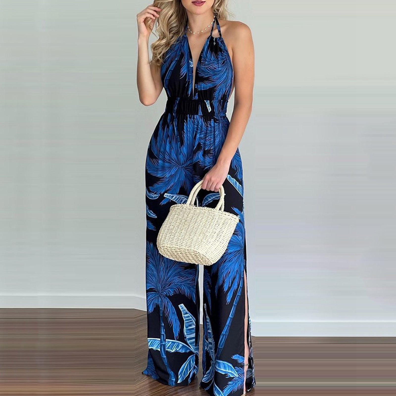 Damen eleganter Jumpsuit mit Spaghettiträgern und hohen Seitenschlitzen R&B