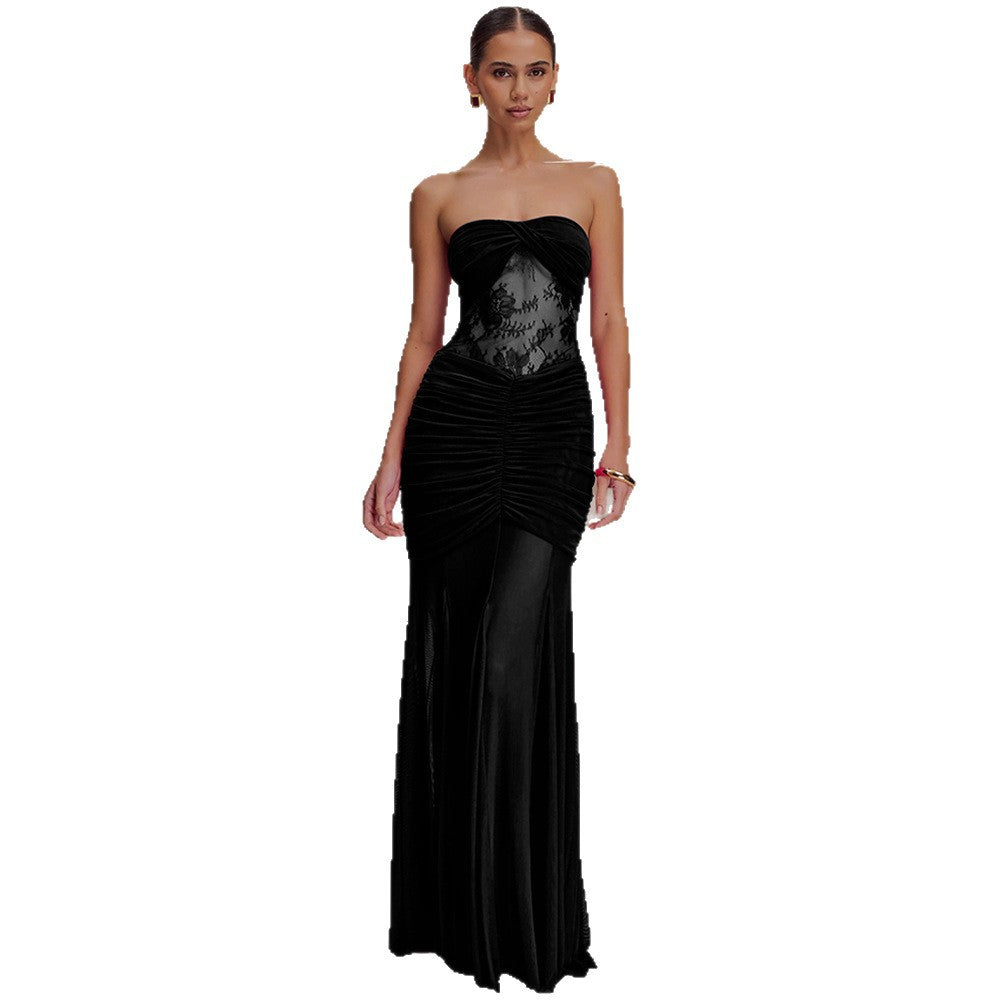 Damen Strapless Maxikleid mit raffinierten Drapierungen und Spitzen-Mix R&B