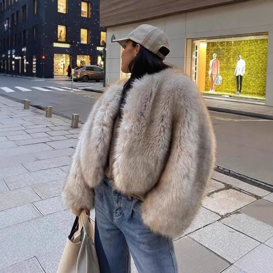 Damen luxuriöse Plüschjacke mit V-Ausschnitt R&B