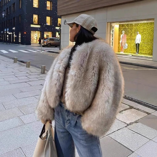 Damen luxuriöse Plüschjacke mit V-Ausschnitt R&B