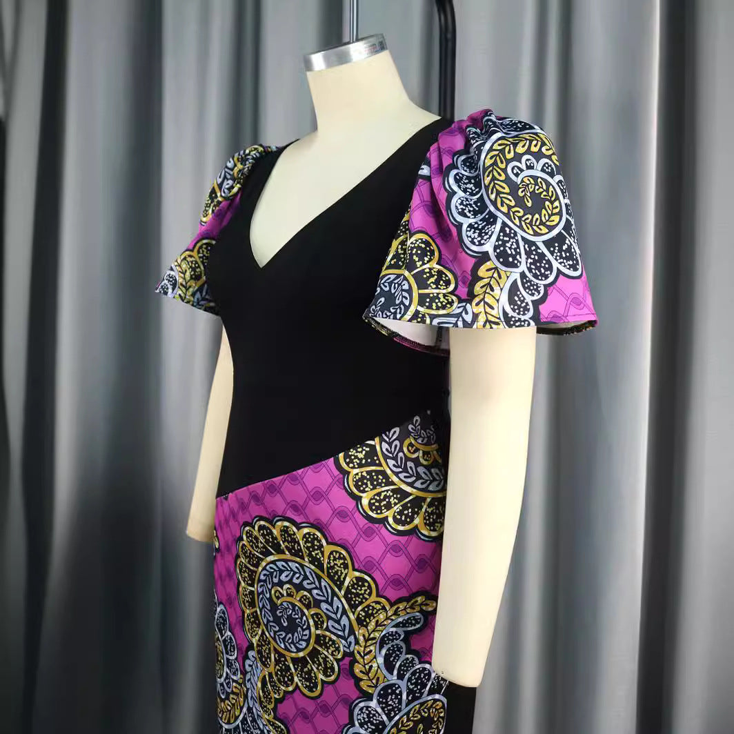 Damen figurbetontes Kleid mit bunten Puffärmeln und asymmetrischem Design R&B