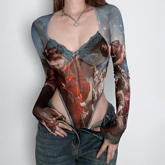 Damen Spitzen-Bodysuit mit verführerischem V-Ausschnitt und süßen Rüschendetails R&B