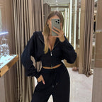 Damen nan kurzes Zip-Hoodie-Set mit Ballonärmeln und Highwaist Weitbein-Loungehose R&B