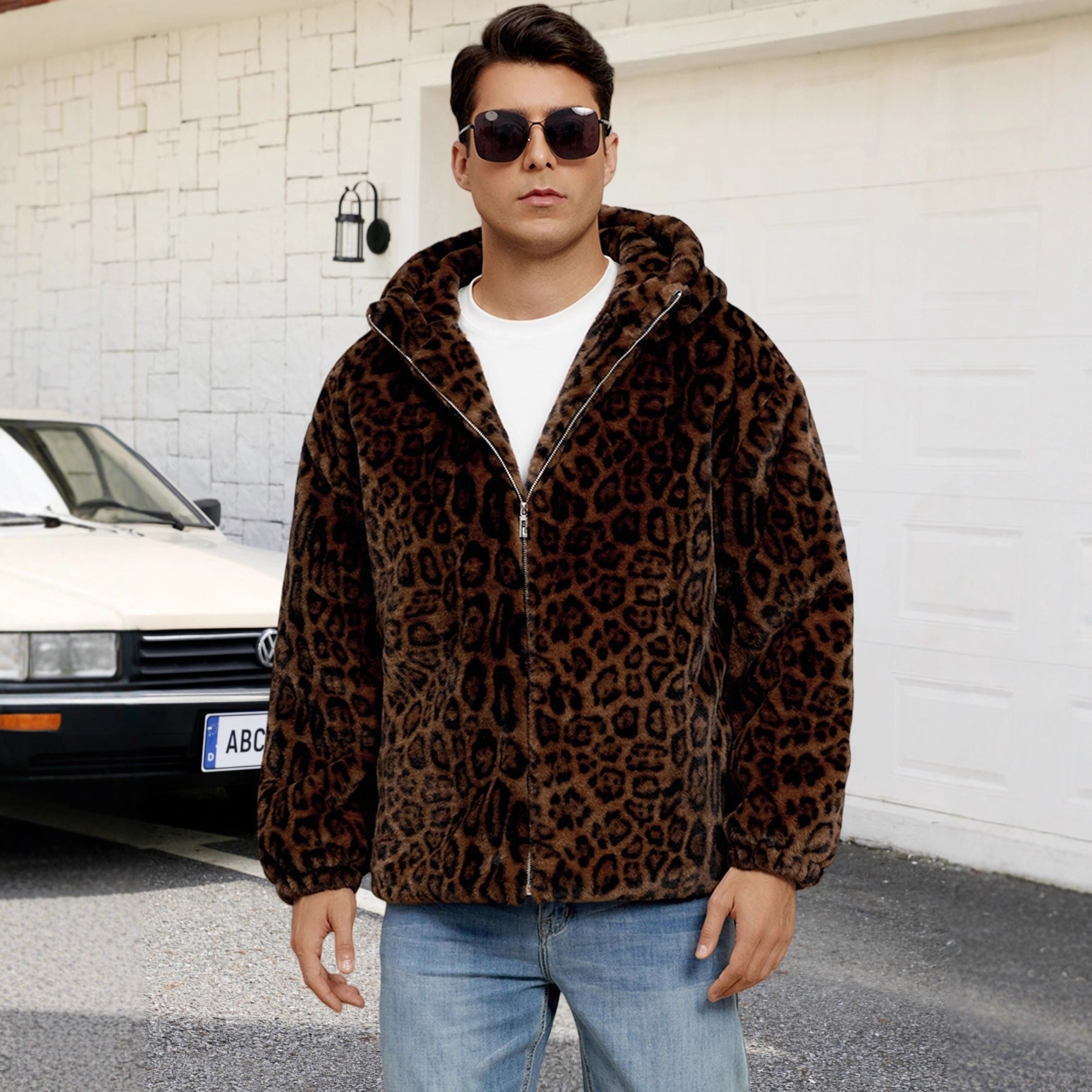 Herren Flauschige Kunstpelzjacke mit modischem Leopardenmuster R&B