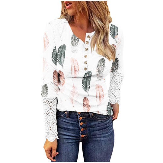 Damen langärmliges T-Shirt mit Spitze und modernem Leo-Muster R&B