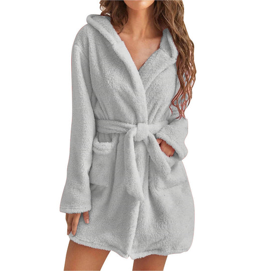 Damen Fleece Bademantel mit Kapuze und Gürtel R&B