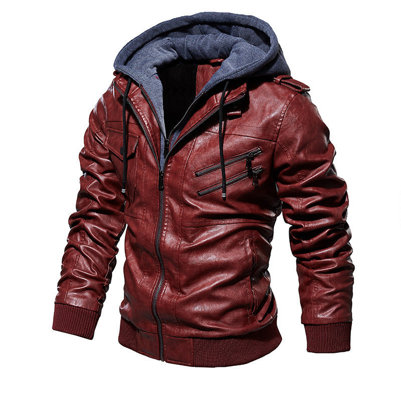 Herren lässige Kunstlederjacke mit abnehmbarer Kapuze und zahlreichen Taschen R&B