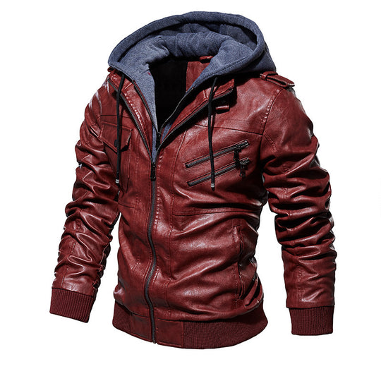 Herren lässige Kunstlederjacke mit abnehmbarer Kapuze und zahlreichen Taschen R&B