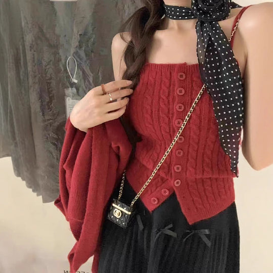 Damen Strick-Top mit Knöpfen und Cardigan R&B