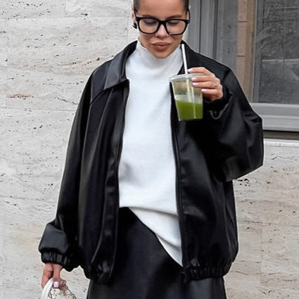 Damen modische Kunstlederjacke im lässigen Oversized-Schnitt R&B