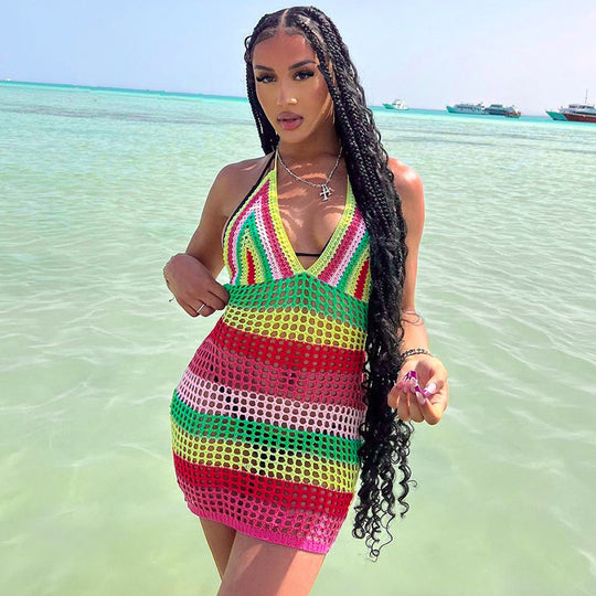 Damen gehäkeltes Strandkleid mit tiefem V-Ausschnitt und buntem Streifenmuster R&B