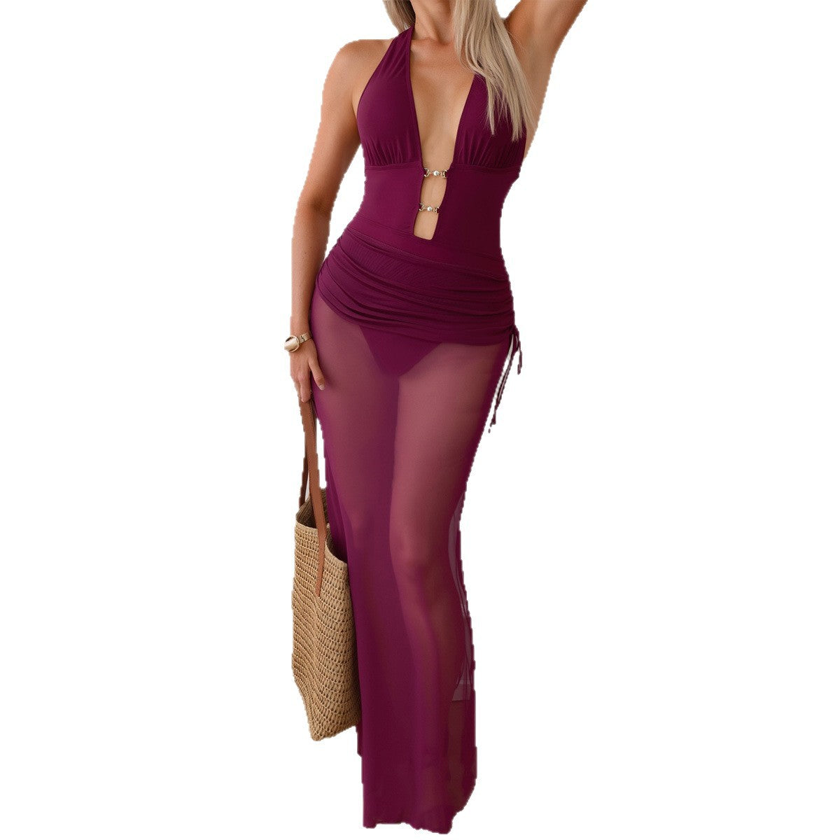 Damen Maxikleid mit tiefem V-Ausschnitt und Seitenschlitzen R&B