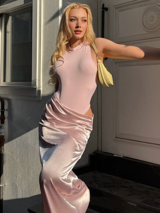 Damen Elegantes Maxikleid mit figurformendem Halterneck und drapiertem Rock R&B
