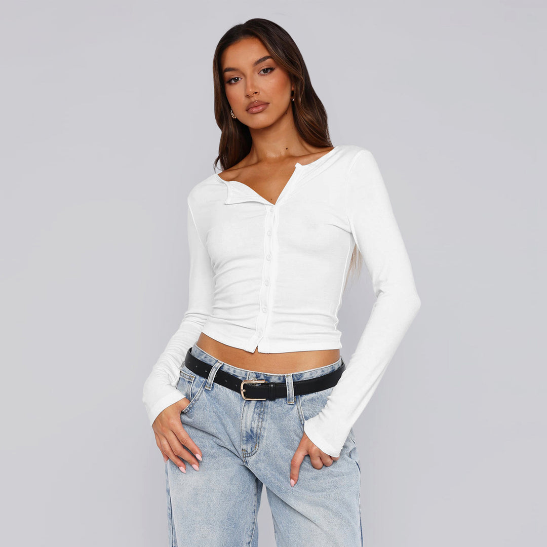 Damen figurbetontes Langarmshirt mit Knopfleiste R&B
