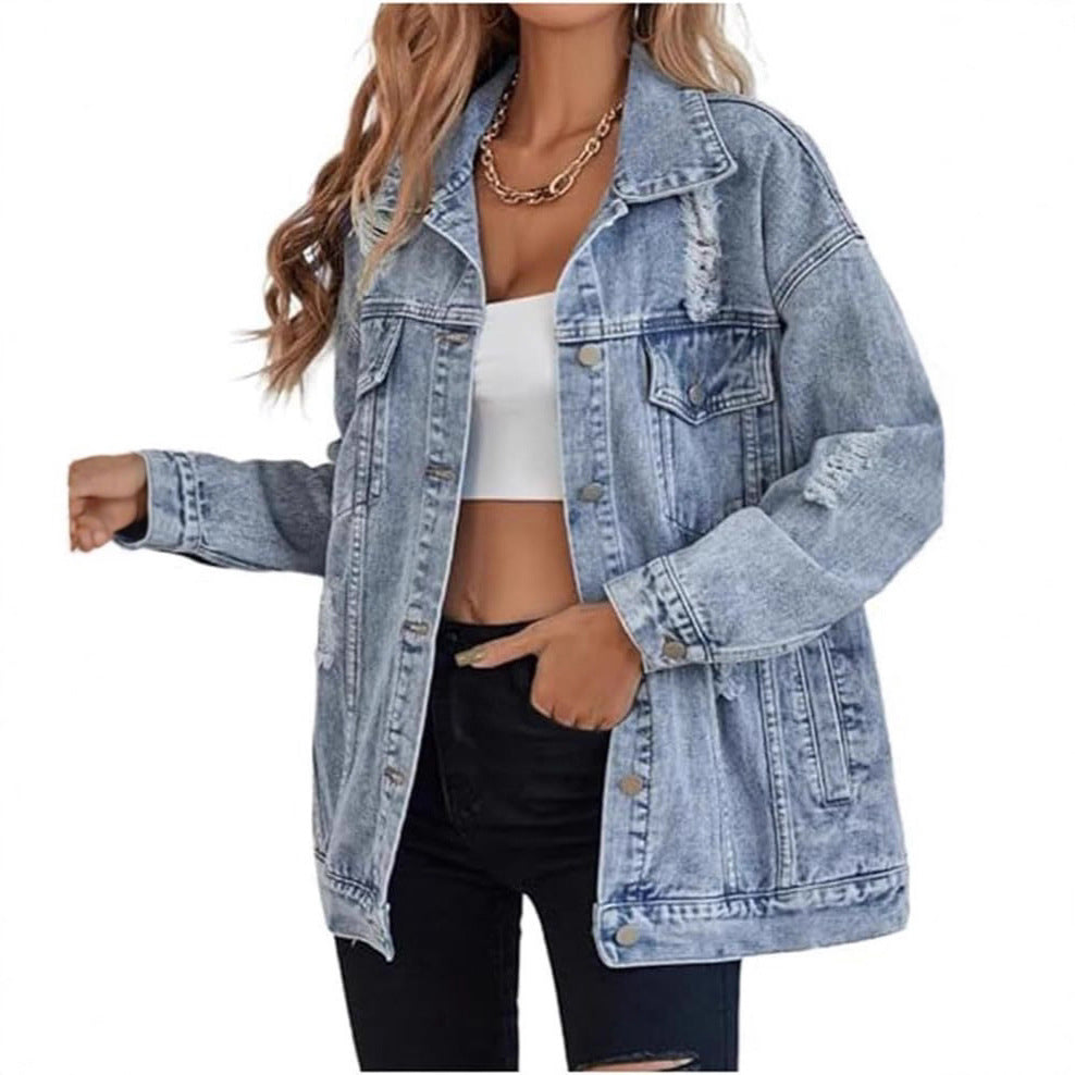 Damen lässige Oversized Jeansjacke mit distressed Details und hochwertigen Metallknöpfen R&B