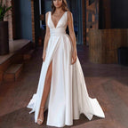 Damen elegantes Hochzeitskleid mit tiefem V-Ausschnitt und seitlichem Schlitz EB