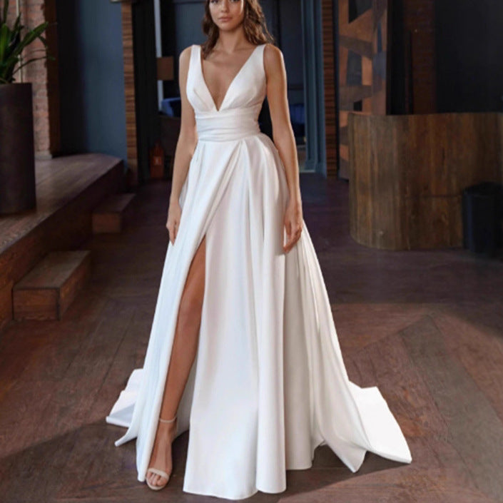 Damen elegantes Hochzeitskleid mit tiefem V-Ausschnitt und seitlichem Schlitz EB