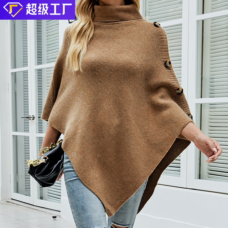 Damen Oversized-Poncho mit hohem Kragen und dekorativen Knopfdetails R&B