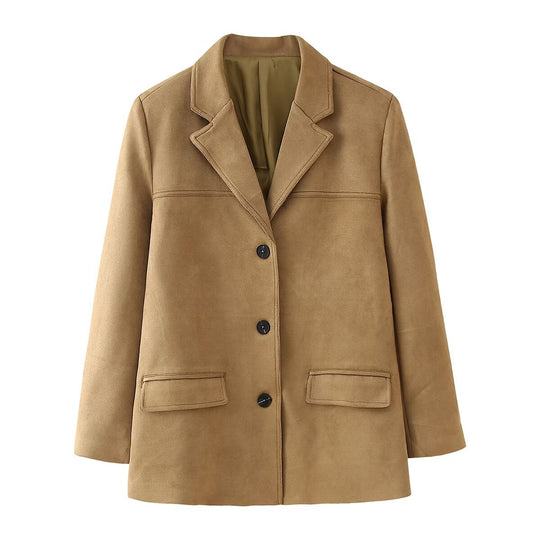 Damen Casual Blazerjacke aus hochwertigem Kunstleder mit eleganten Taschen R&B