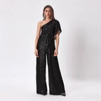 Damen Einseitiger Pailletten Jumpsuit mit Weiter Hose Heidi-Mode
