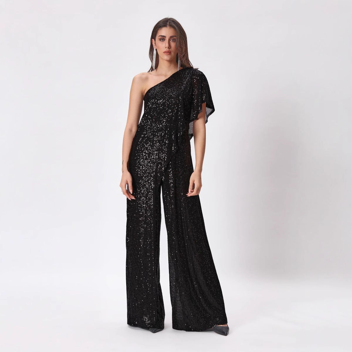 Damen Einseitiger Pailletten Jumpsuit mit Weiter Hose Heidi-Mode
