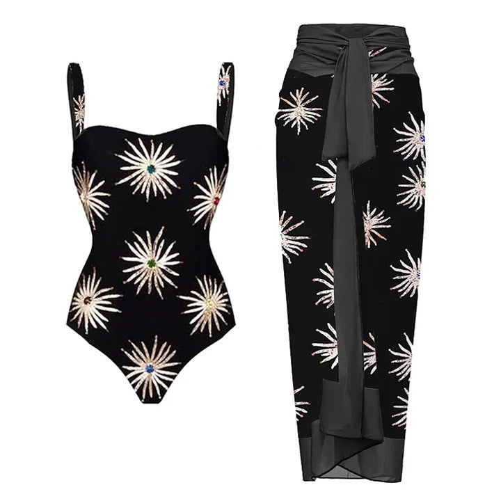 Damen Elegantes asymmetrisches Bikini-Set mit funkelndem Blumendesign R&B