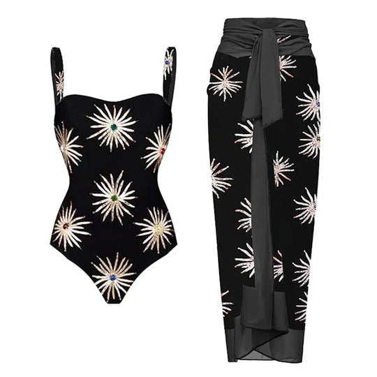 Damen Elegantes asymmetrisches Bikini-Set mit funkelndem Blumendesign R&B