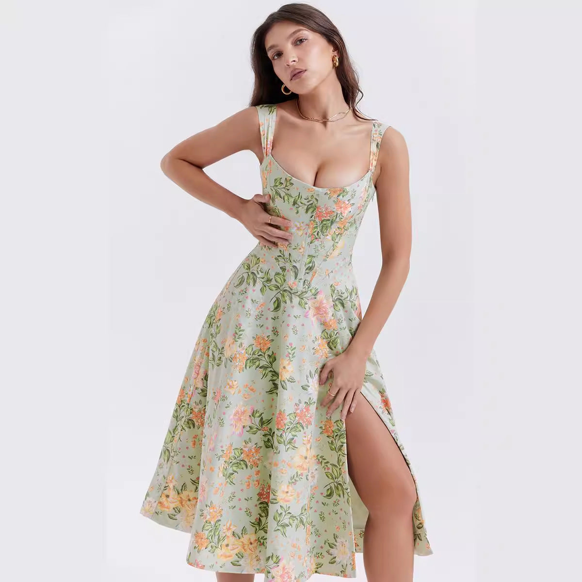 Damen Maxikleid mit floralem Schnitt und schwingendem Rock R&B