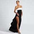 Damen elegantes trägerloses Maxikleid mit seitlichem Schlitz und kontrastierendem Oberteil R&B