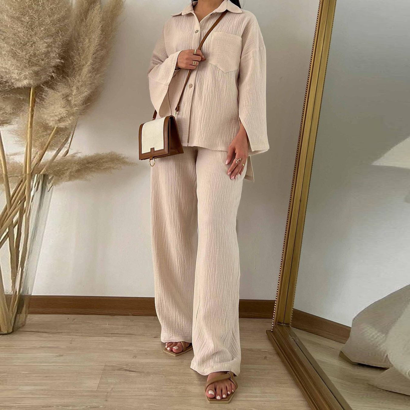 Damen bequeme und stilvolle Blusen-Hosen-Kombination mit eleganter Struktur R&B