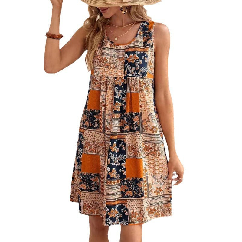 Damen Freizeitleinenkleid mit buntem Patchwork-Design R&B