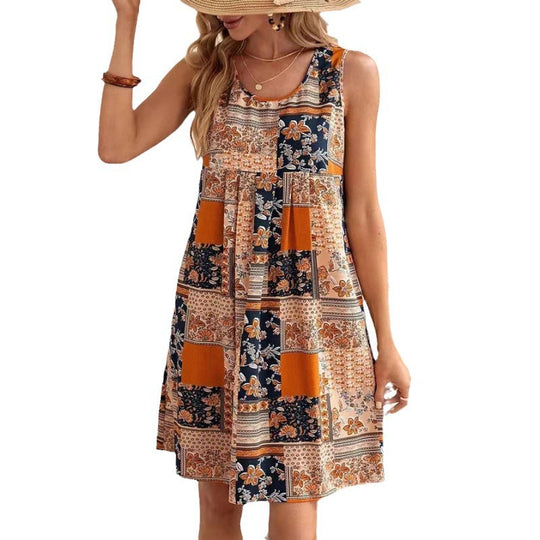 Damen Freizeitleinenkleid mit buntem Patchwork-Design R&B