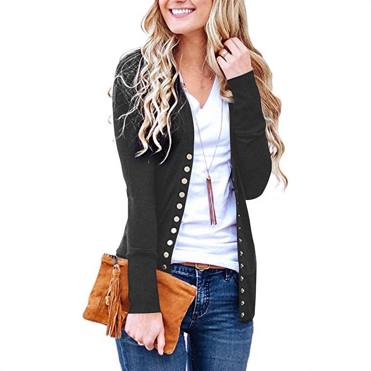Damen nan Feinstrick-Cardigan mit dekorativen Metallknöpfen und schmaler Silhouette R&B