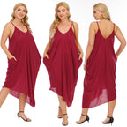 Damen lässiges Maxikleid mit tiefem V-Ausschnitt und Seitentaschen R&B
