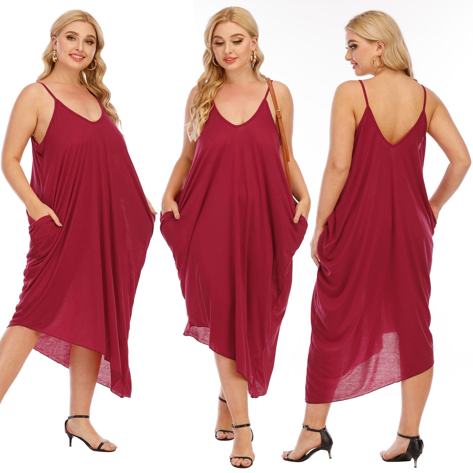 Damen lässiges Maxikleid mit tiefem V-Ausschnitt und Seitentaschen R&B