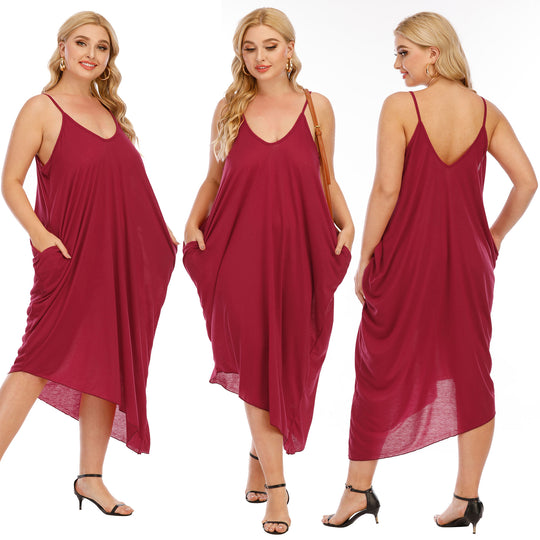 Damen lässiges Maxikleid mit tiefem V-Ausschnitt und Seitentaschen R&B