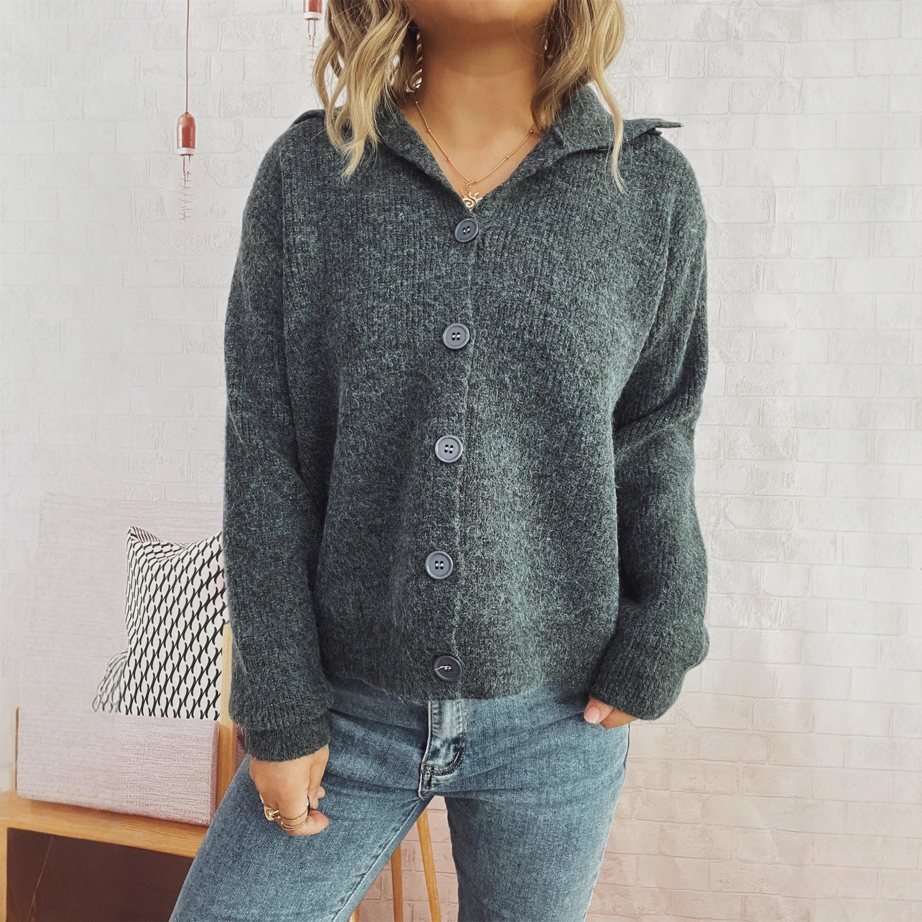 Damen gestrickte Oversize-Jacke mit Knopfleiste und weitem Schnitt R&B