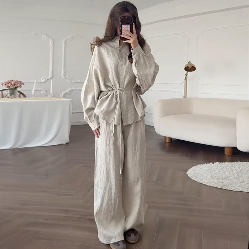 Damen lässiges Leinen-Loungewear-Set mit taillierter Bluse und weiten Hosen R&B